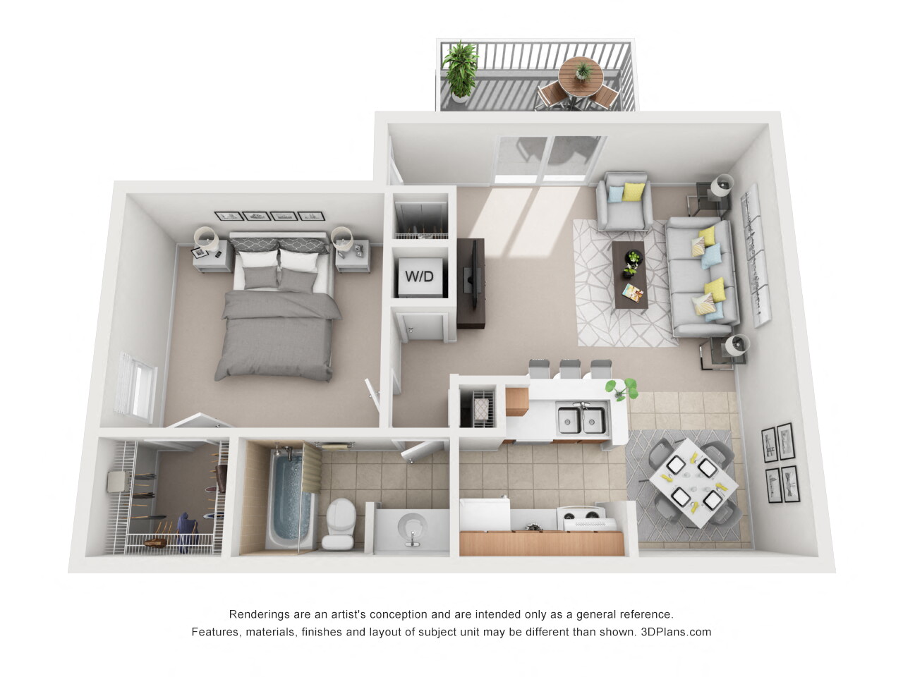 Floor plan for 1 bed, 1 bath, 715 sqft